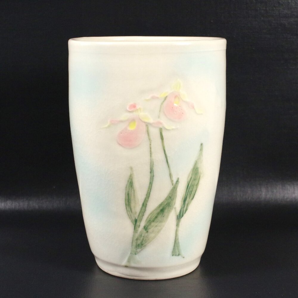 Spring Floral 7" Vase, Parsons Dietrich Pottery Lady Slipper Orchid Pastel